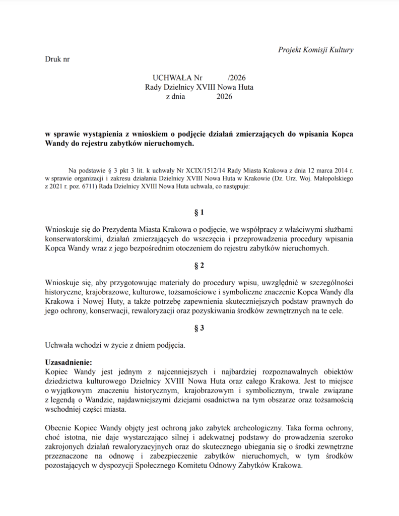 Projekt uchwały Rady Dzielnicy XVIII Nowa Huta