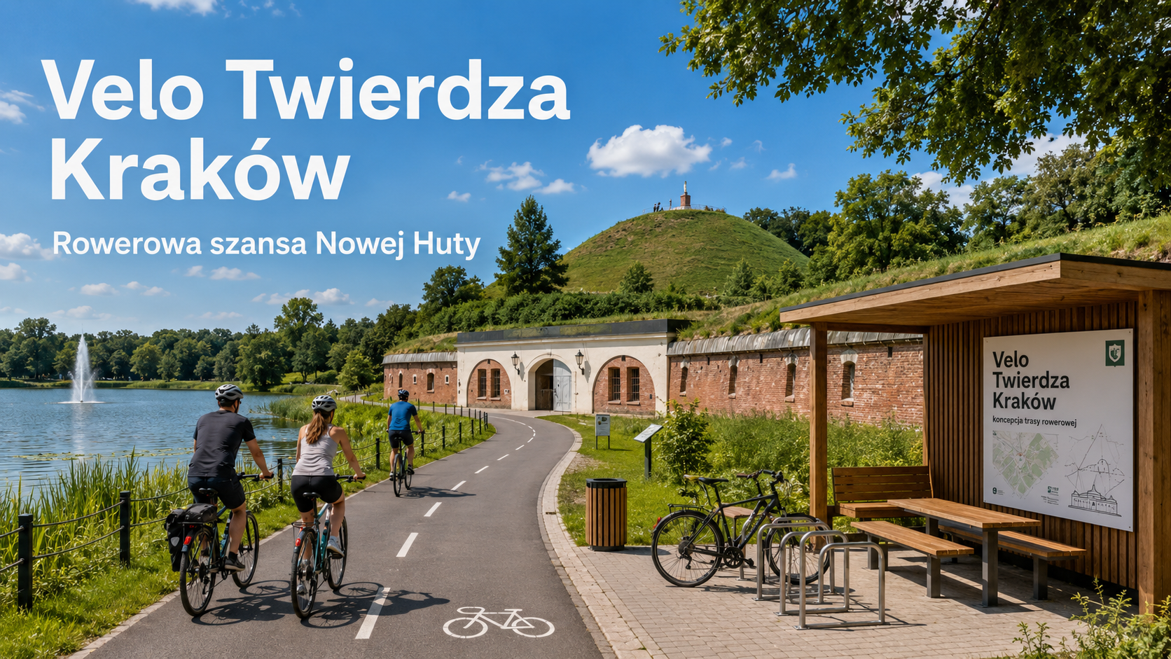 Rowerzyści na trasie przez zieloną Nową Hutę w kierunku fortów Twierdzy Kraków
